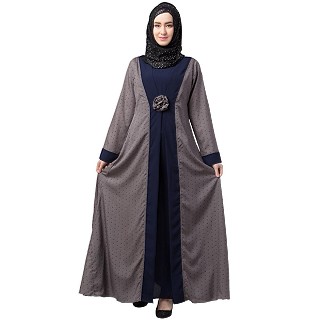 Polka dotted layered abaya- Grey-Navy Blue